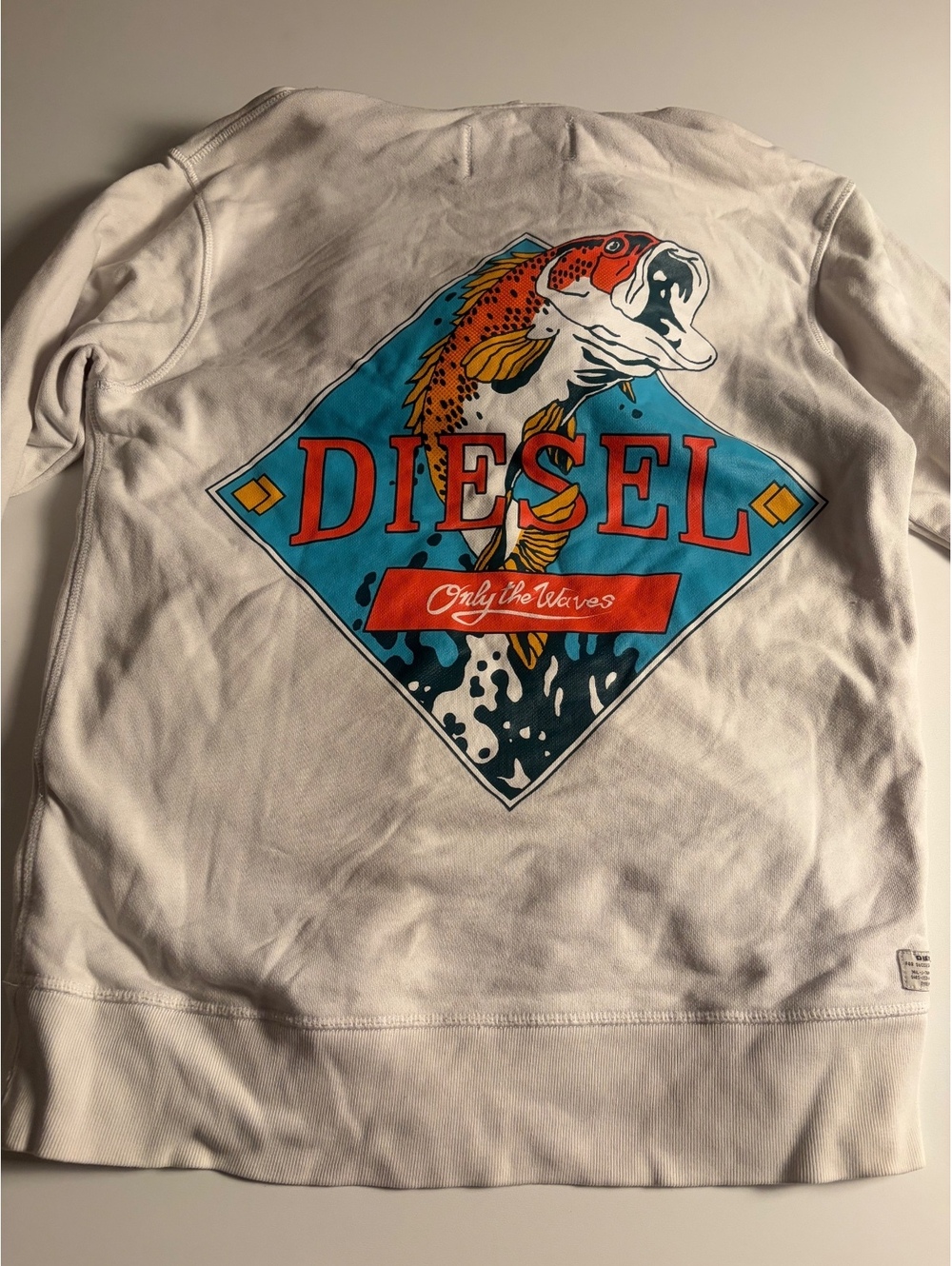 Diesel White Hoodie with 'Only the Waves' Embroidery and Koi